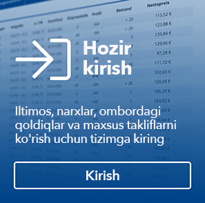 Iltimos, shaxsiy narxlaringizni, ombordagi qoldiqlarni va maxsus takliflarni ko'rish uchun tizimga kiring.